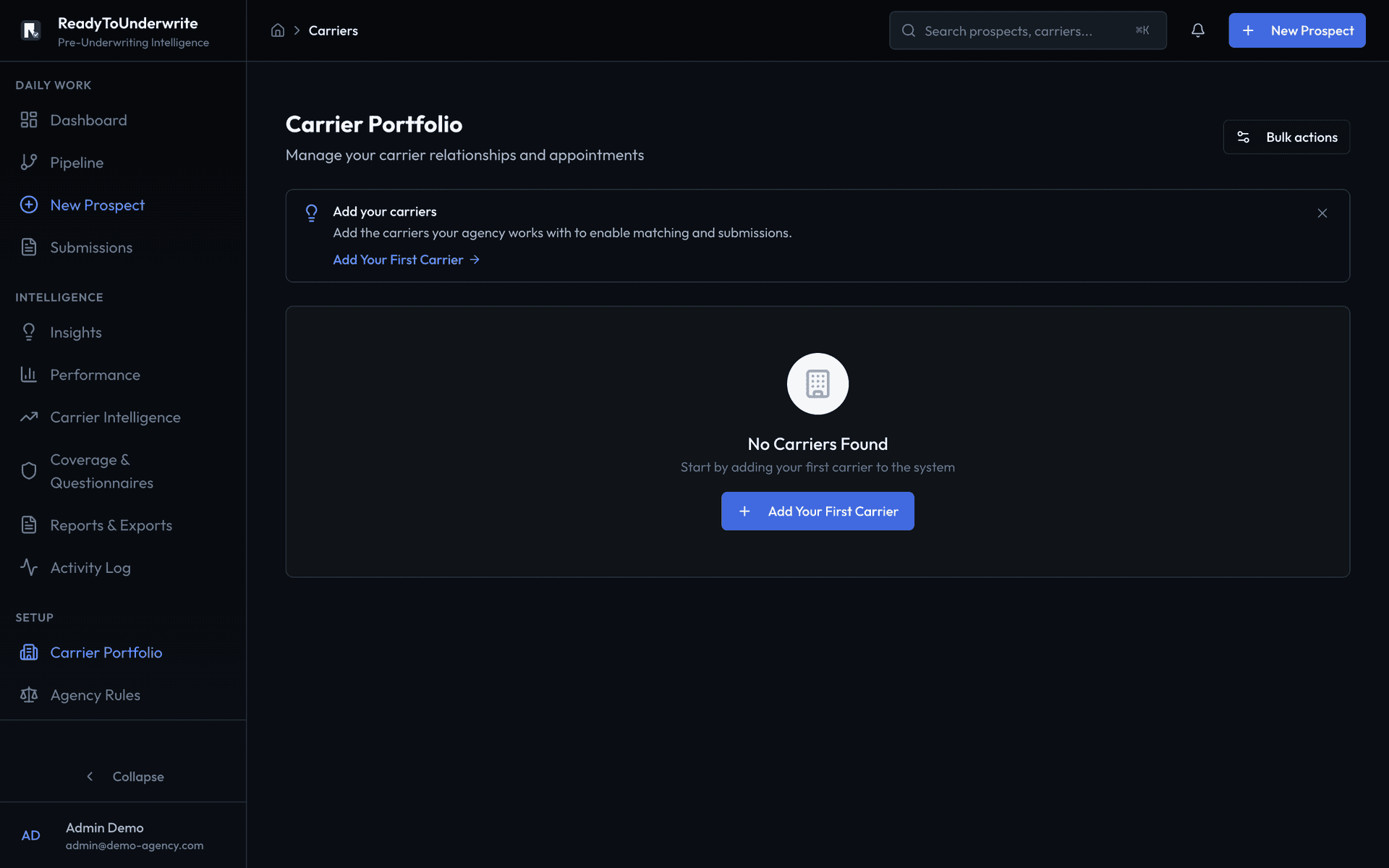 The Carrier Portfolio page for a new agency, showing an empty state that reads "No Carriers Found" with a prompt to add the first carrier.