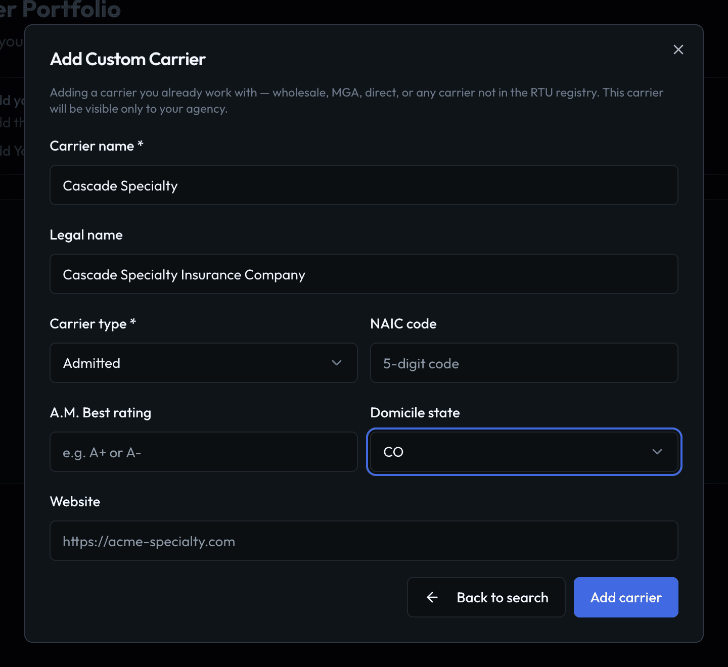 The Add Custom Carrier form, filled in with a carrier name, legal name, carrier type and domicile state.